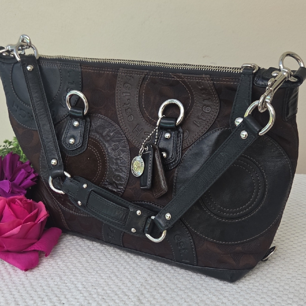 Coach Optic Black Brown Leather Shouder Bag Purse - Picture 4 of 16